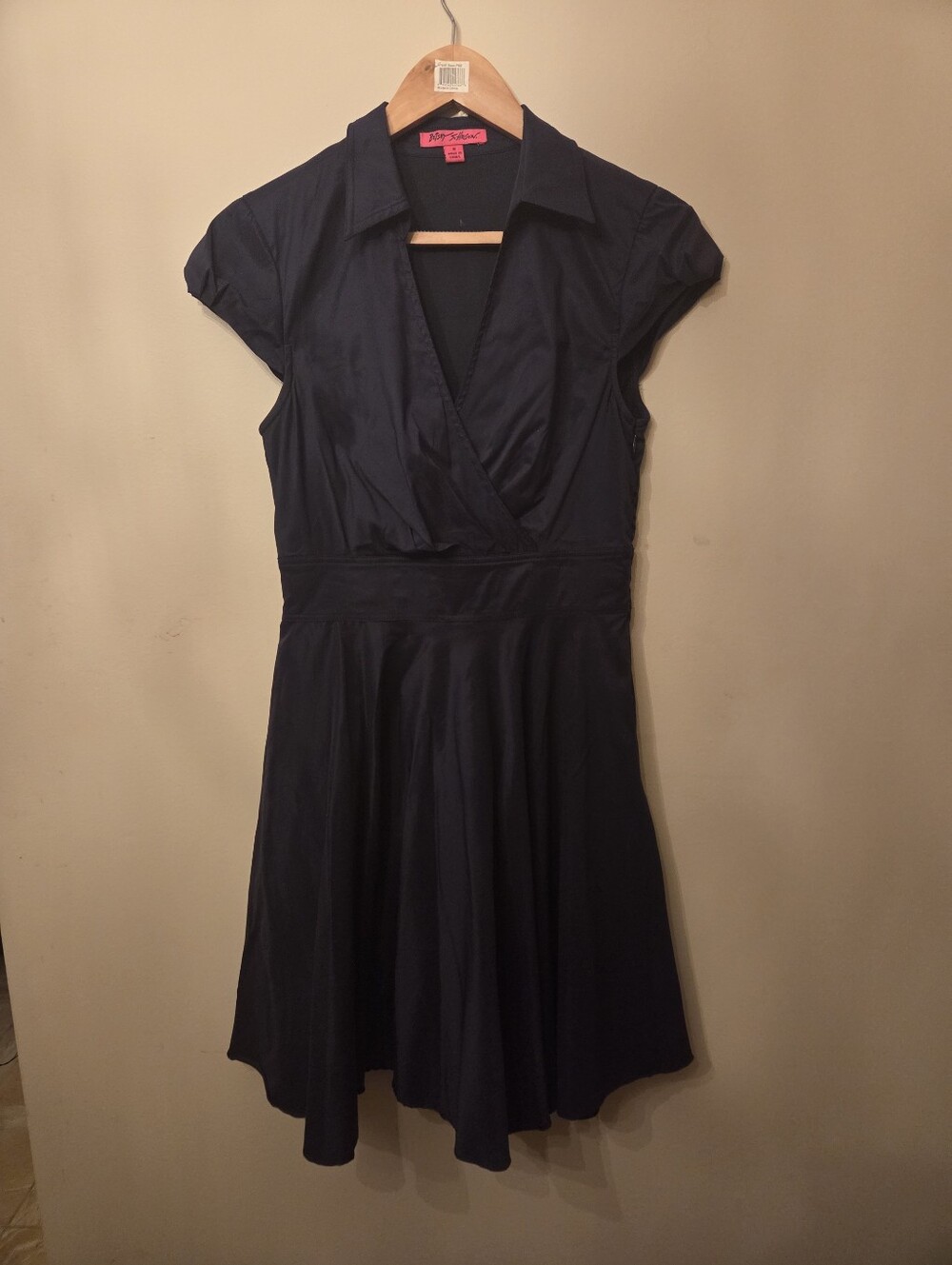 Classic Faux Navy Wrap Dress with Collar - Vintage Betsy Johnson